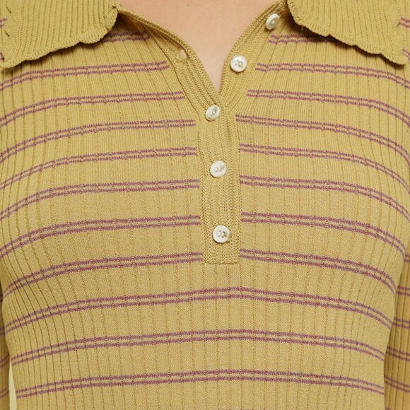 MYSTREE Striped Henley Ribbed Knit Top, Mustard Yellow Long Sleeve Polo Collar - Picture 4 of 4